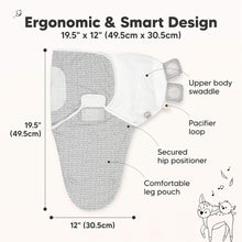 Load image into Gallery viewer, Ergonomic &amp; Smart Design
19.5" x 12" (49.5cm x 30.5cm)
Upper body swaddle
Pacifier loop
Secured hip positioner
Comfortable leg pouch
