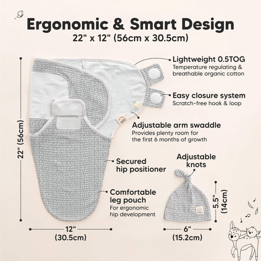 Ergonomic & Smart Design - size at 22inches long x 12inches wide and knot hat size at 5.5inches long x 6inches wide (Lightweight 0.5TOG, Easy closure system, Adjustable arm swaddle, Secured hip positioner, Adjustable
knots, and Comfortable leg pouch)-on-hover