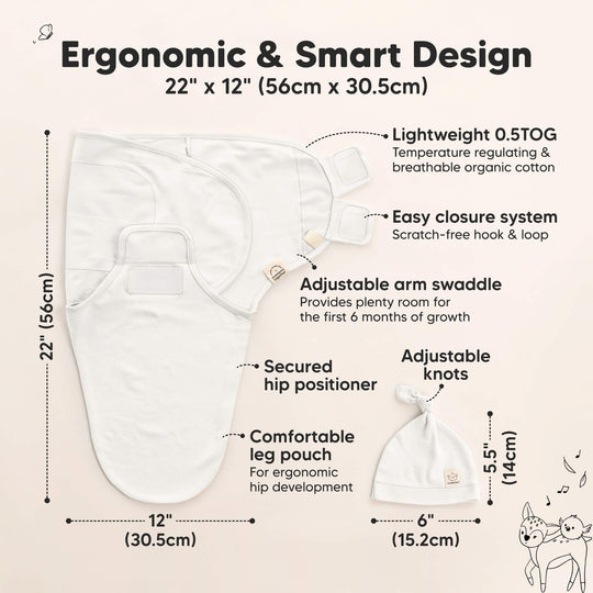 3-Pack Soothe Swaddle Wraps with Knot Hats (Soft White)