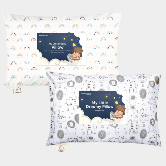 A set of two colorful toddler pillows with playful prints designed for comfort and everyday use.

