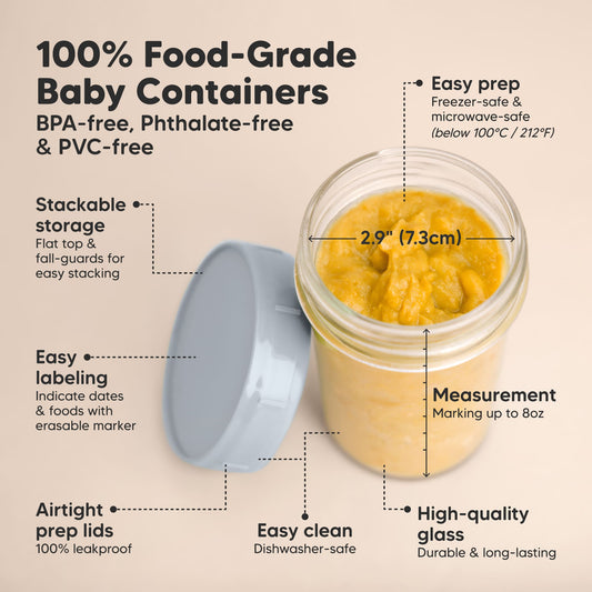 100% Food-Grade Baby Containers, BPA-free, phthalate-free, and PVC-free with stackable storage, airtight prep lids, easy labeling, measurement markings up to 8 oz, and size about 2.9 in (7.3 cm).
-on-hover