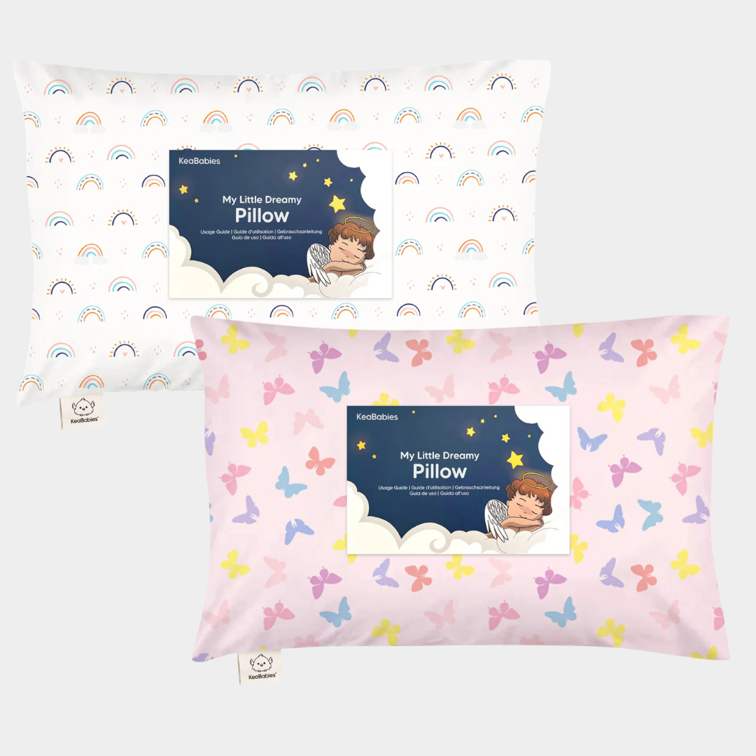 A set of two colorful toddler pillows with playful prints designed for comfort and everyday use.
 29459096109242
