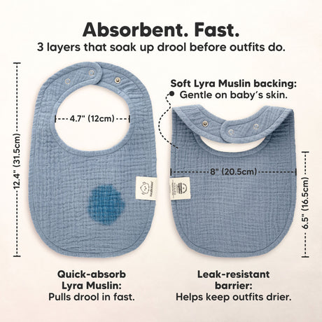 Absorbent. Fast - 3 layers that soak up drool before outfits do. Size at 12.4" length x 8" wide and 4.7" neckline hole (Quick-absorb Lyra Muslin: Pulls drool in fast.)(Leak-resistant barrier: Helps keep outfits drier.) (Soft Lyra Muslin backing: Gentle on baby's skin.)