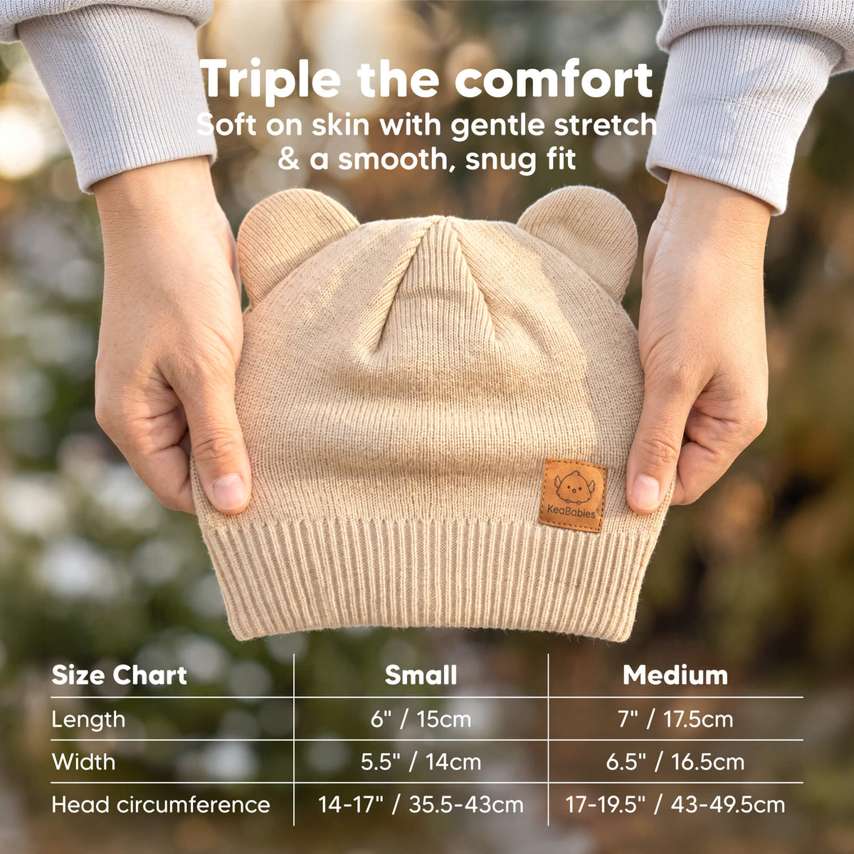 Triple the comfort - Soft on skin with gentle stretch and a smooth, snug fit. Size Chart: (Small: 6" (L) x 5.5"(W), can fit 14-17" head circumference.) (Medium: 7" (L) x 6.5"(W), can fit 17-19.5" head circumference.
 47148184502458