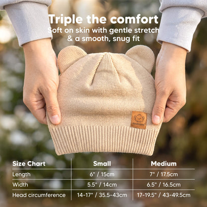 Triple the comfort - Soft on skin with gentle stretch and a smooth, snug fit. Size Chart: (Small: 6" (L) x 5.5"(W), can fit 14-17" head circumference.) (Medium: 7" (L) x 6.5"(W), can fit 17-19.5" head circumference.
 47148184502458