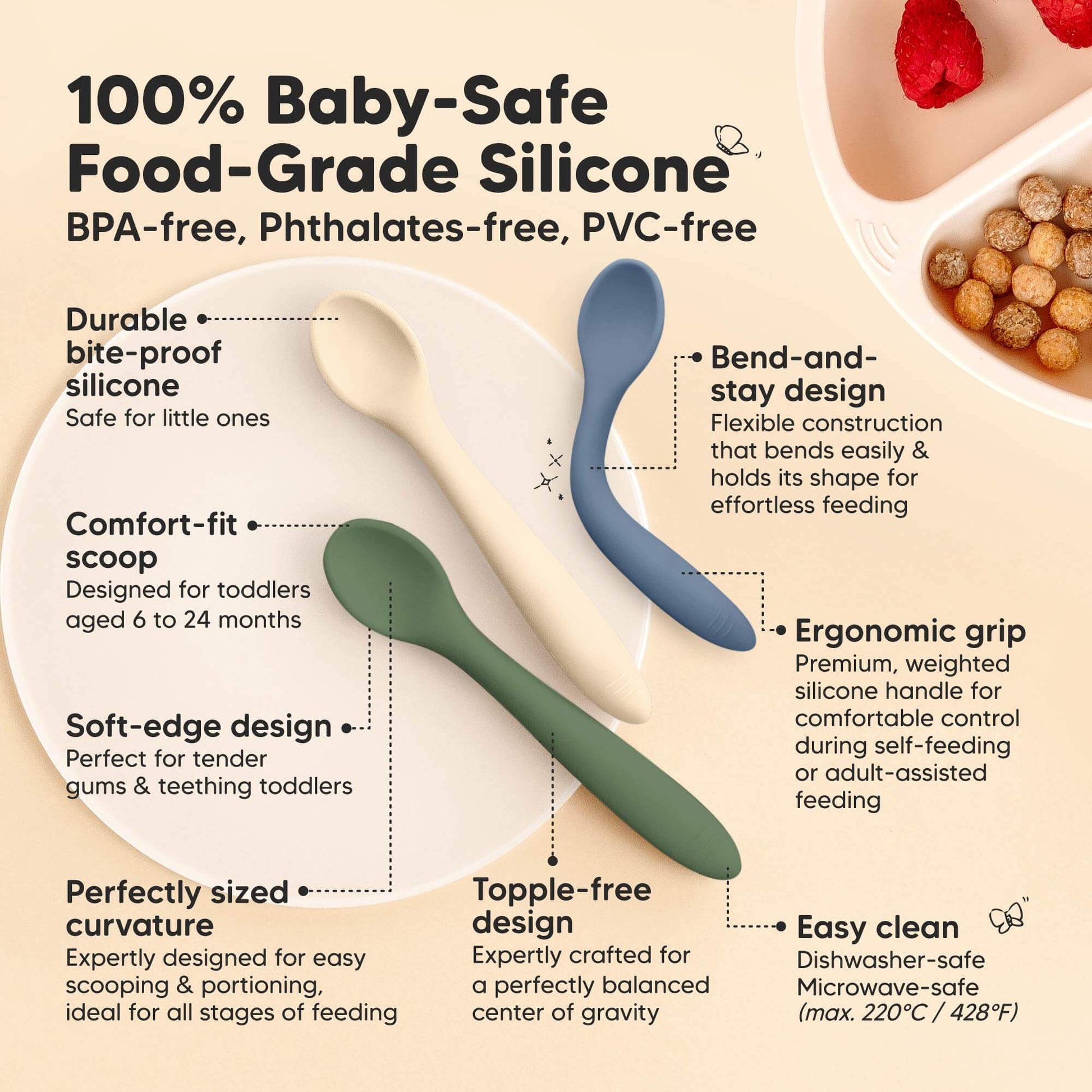 100% Baby-Safe Food-Grade Silicone, BPA-free, phthalates-free, PVC-free, durable yet soft, comfort-fit scoop, soft-edge design, perfectly sized for easy portion feeding, bend-and-stay flexibility, ergonomic grip handle, easy to clean, dishwasher-safe, microwave-safe, freezer-safe. 30848644415674