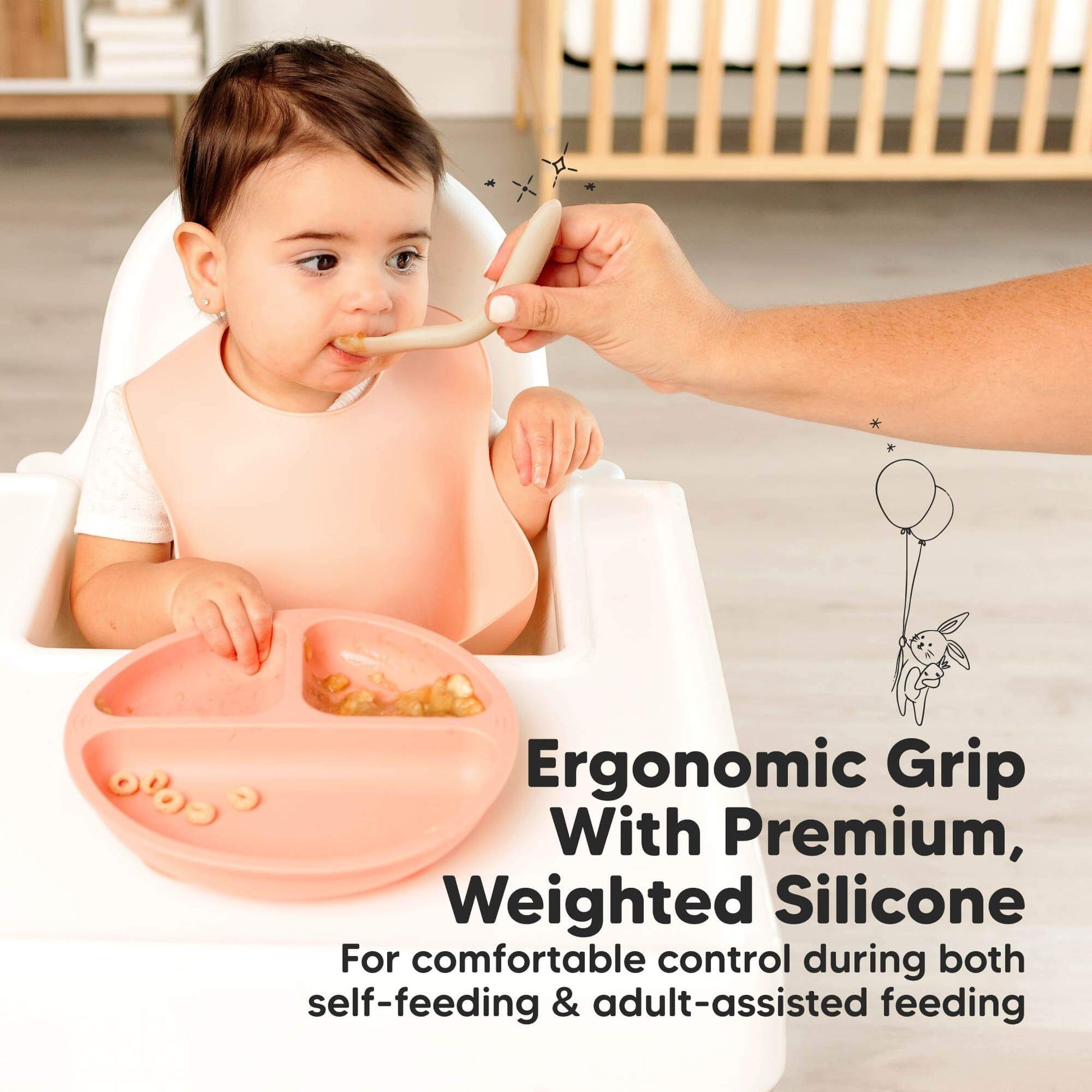 Ergonomic Grip With Premium Weighted Silicone, for comfortable control during both self-feeding and adult-assisted feeding. 30848644382906