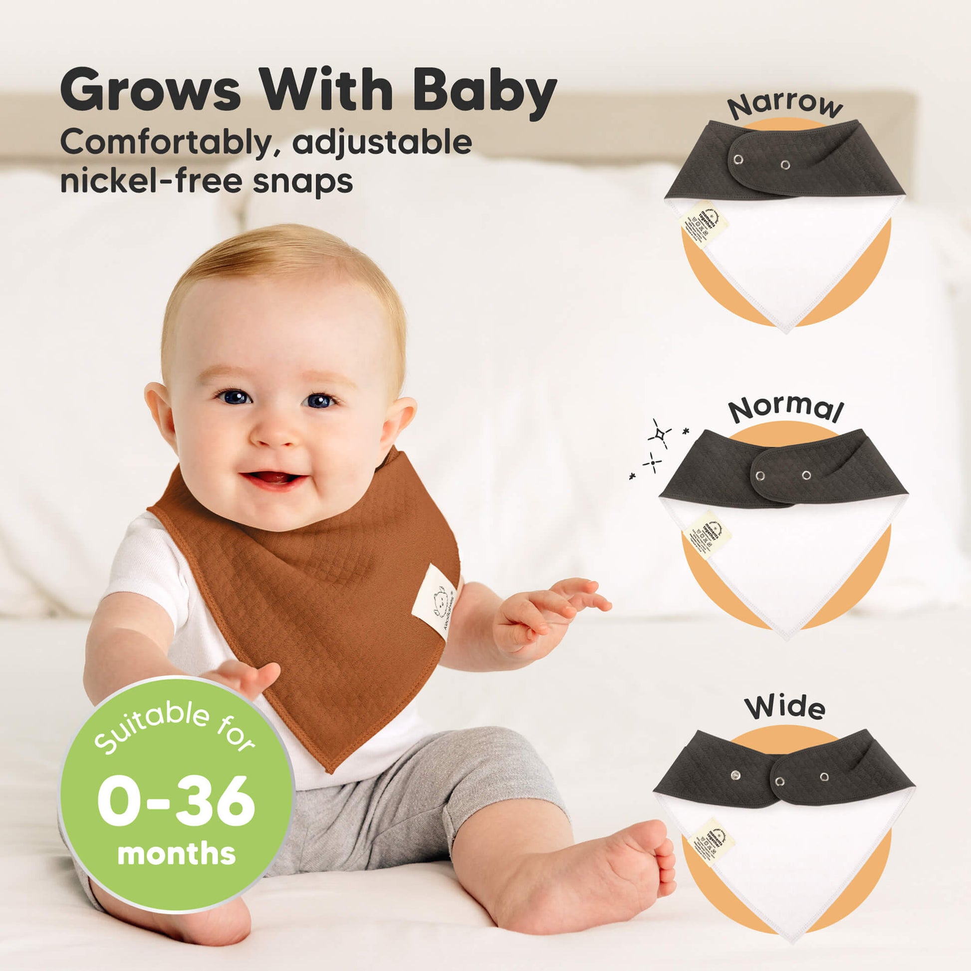 Grows With Baby with comfortably adjustable nickel-free snaps, suitable for 0–36 months.
 28971243864250