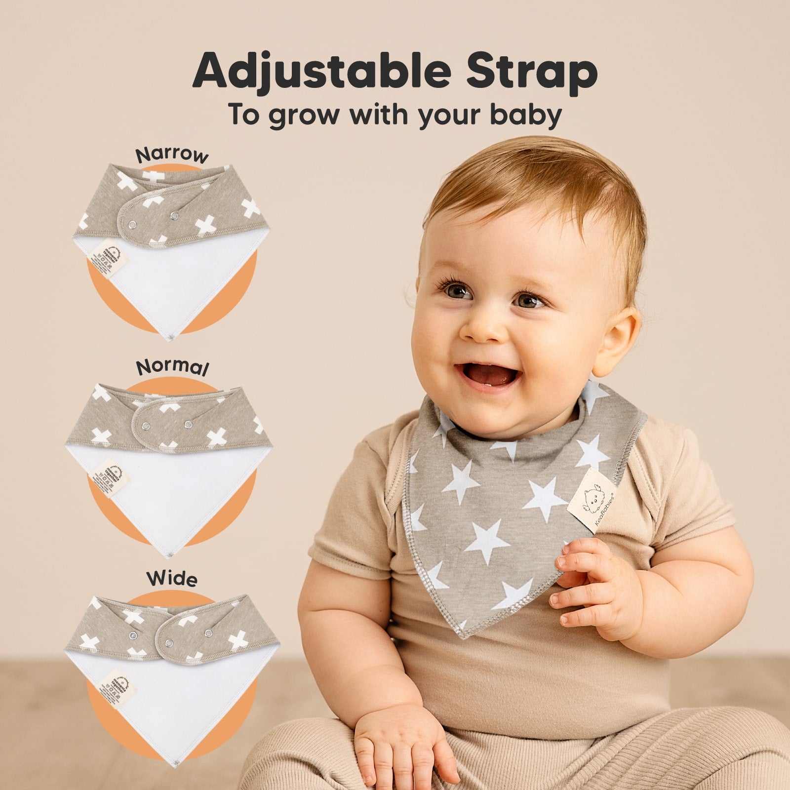 Adjustable Strap to grow with your baby with 3 size settings (narrow, normal, wide), suitable for 0–36 months.
 25595094433978