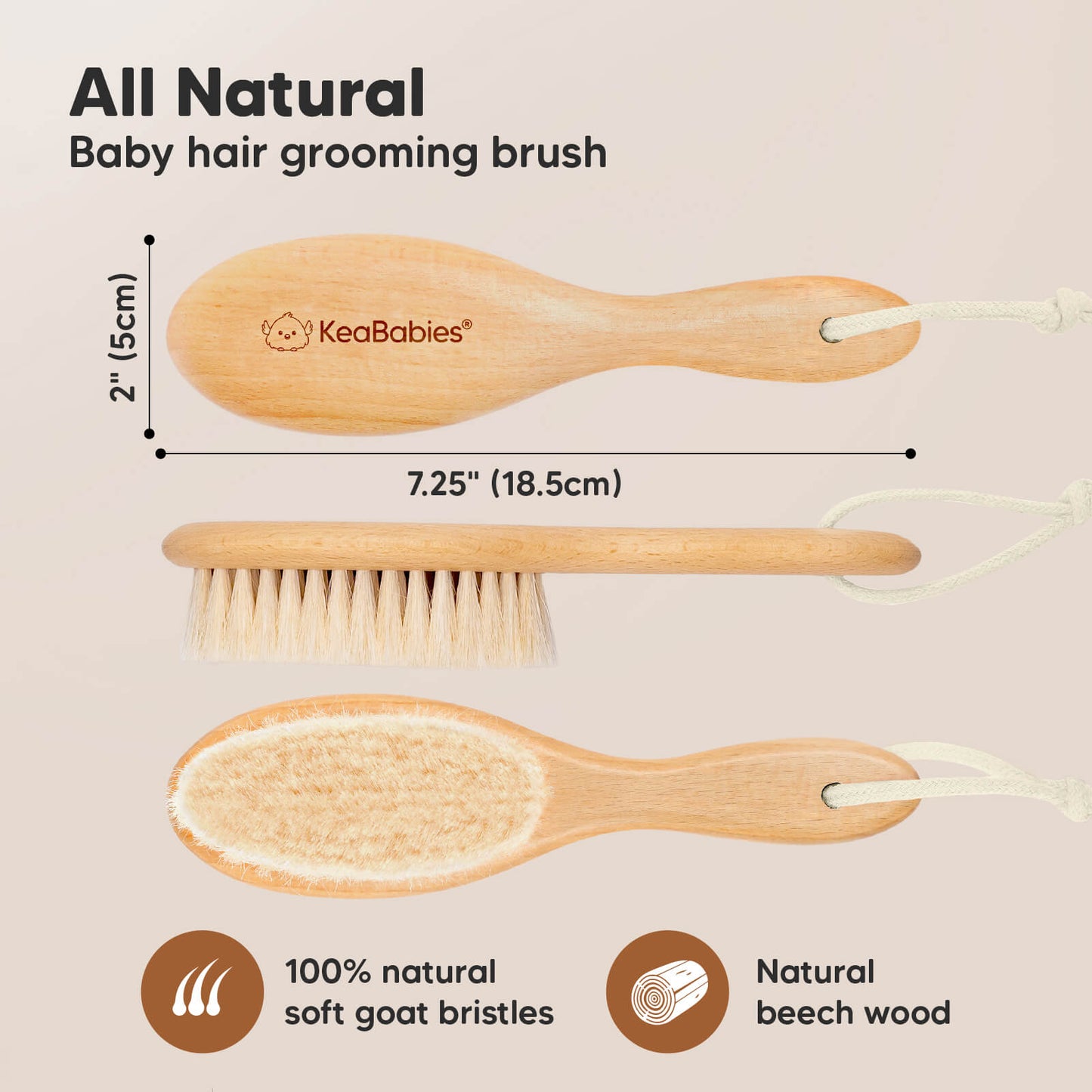 All Natural - Baby hair grooming brush, size 7.25" x 2" (100% natural soft goat bristles and Natural beech wood) 25883499266234
