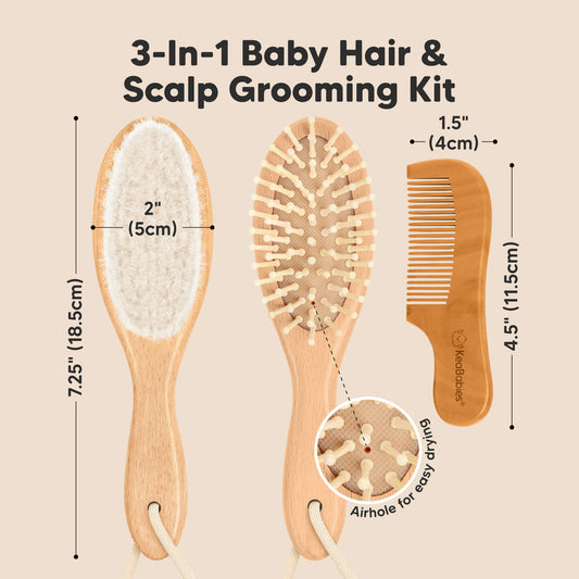 3-in-1 Baby Hair & Scalp Grooming Kit, hairbrush size 7.25" x 2" and comb size 4.5" x 1.5" -on-hover