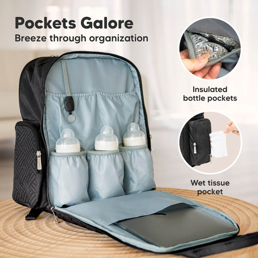 Pockets Galore: Breeze through organization, insulated bottle pockets, wet tissue pocket
-on-hover