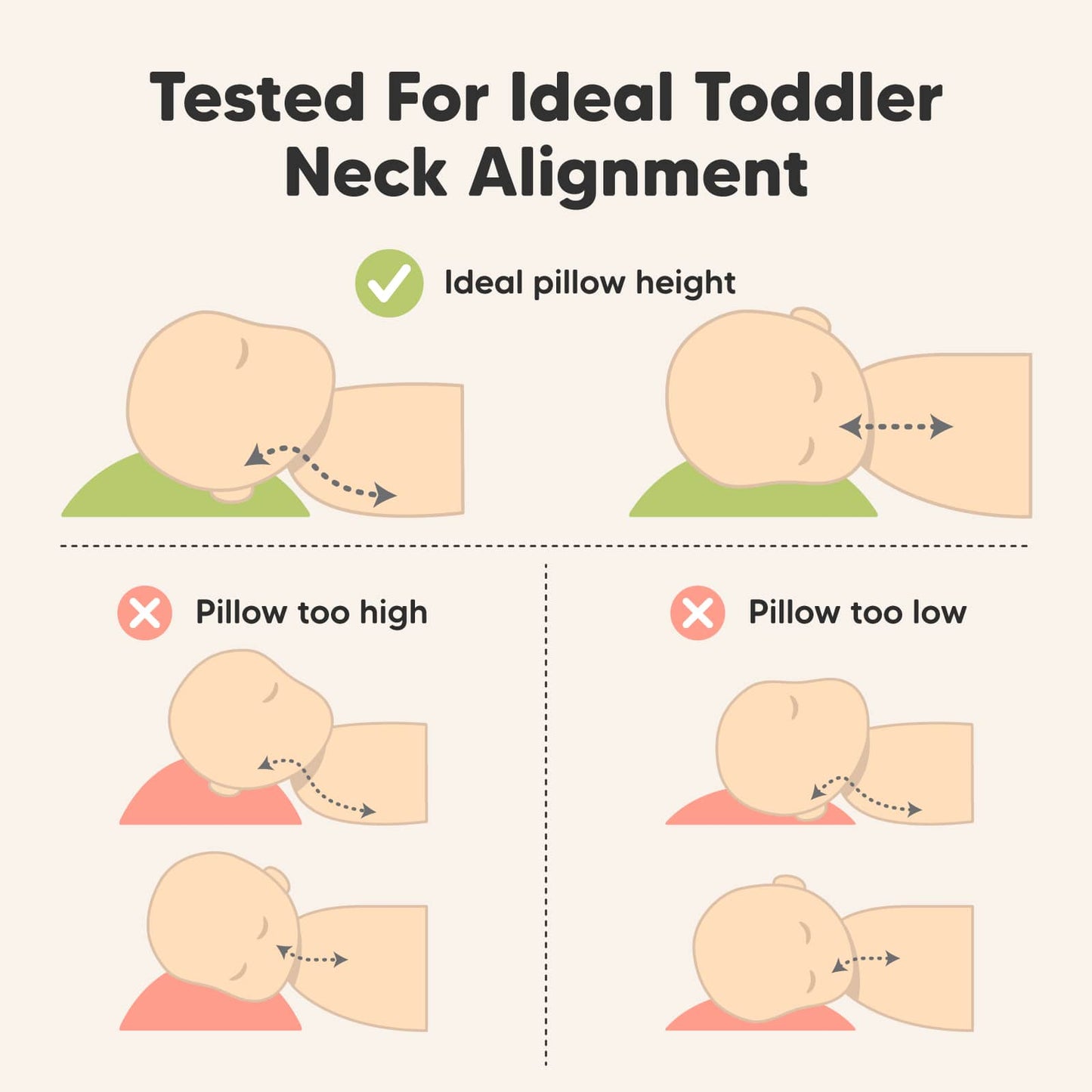 Tested For Ideal Toddler Neck Alignment. Ideal pillow height, Pillow too high, pillow too low 27619337666746