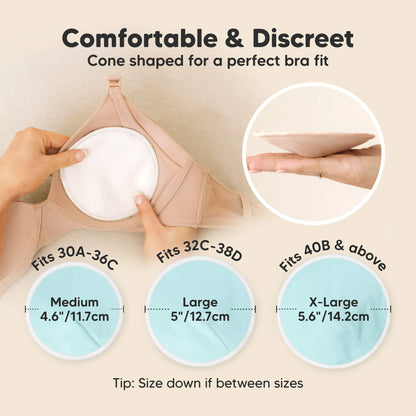 Comfortable & Discreet - Cone shaped for a perfect bra fit. Fits 30A–36C: Medium (4.6" / 11.7cm), Fits 32C–38D: Large (5" / 12.7cm), Fits 40B & above: X-Large (5.6" / 14.2cm), Tip: Size down if between sizes 32020176306362