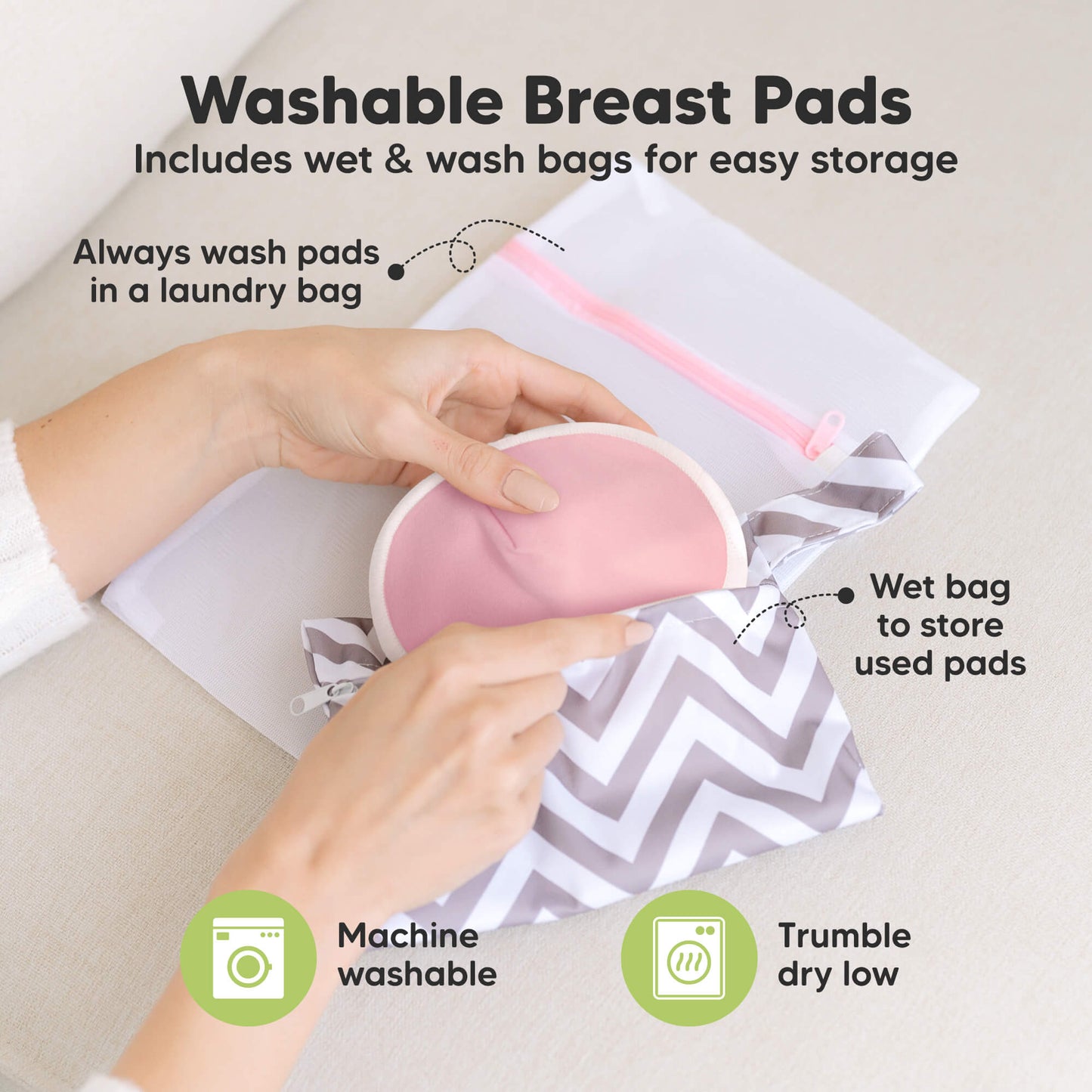 Washable Breast Pads  - Includes wet & wash bags for easy storage. Always wash pads in a laundry bag and wet bag to store used pads. Machine washable, Tumble dry low 32020176437434