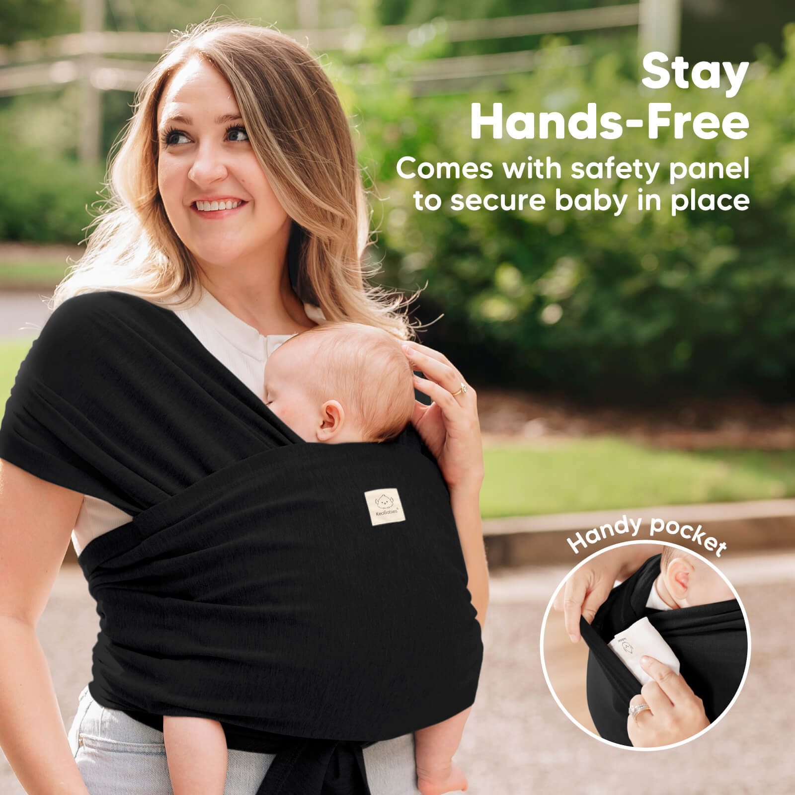 Stay Hands-Free. Comes with safety panel to secure baby in place. Has Handy pocket 32590879359162