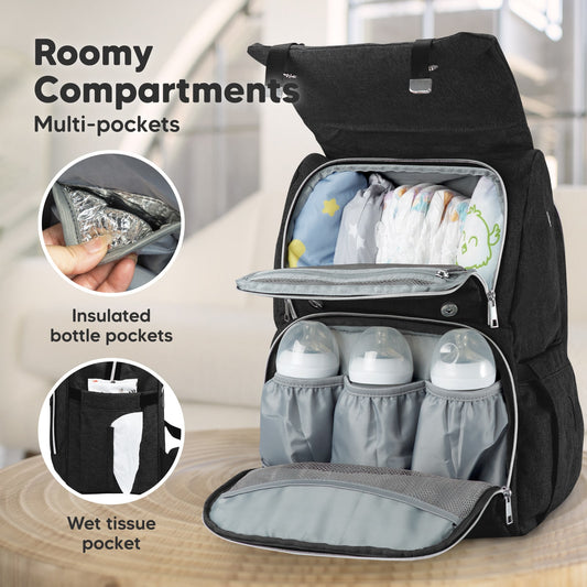 Roomy Compartments, Multi-pockets
Insulated bottle pockets, 
Wet tissue pocket-on-hover