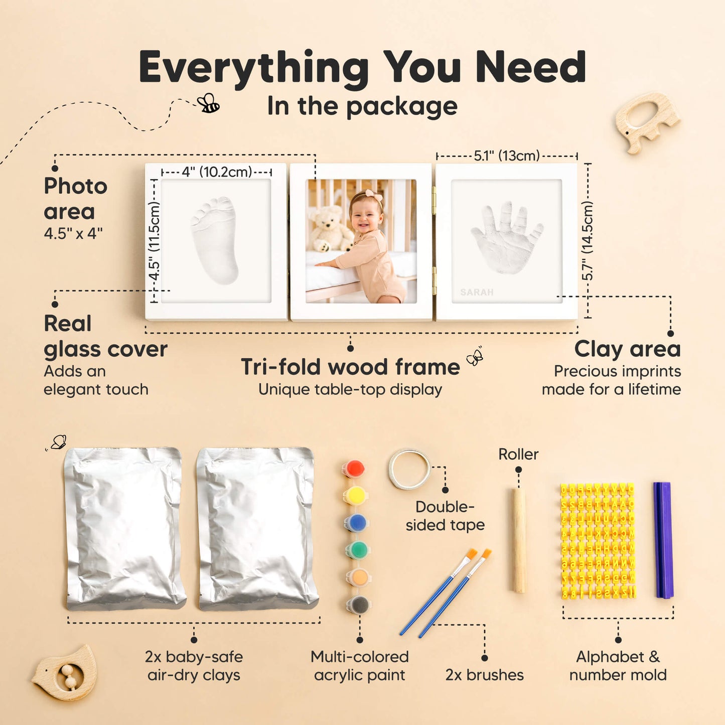 Everything You Need: Photo area 4.5" x 4", Real glass cover, Tri-fold wood frame, Clay area, 2x baby-safe air-dry clays, Multi-colored acrylic paint, 2 brushes, Roller, Alphabet & number molds 28430349566138