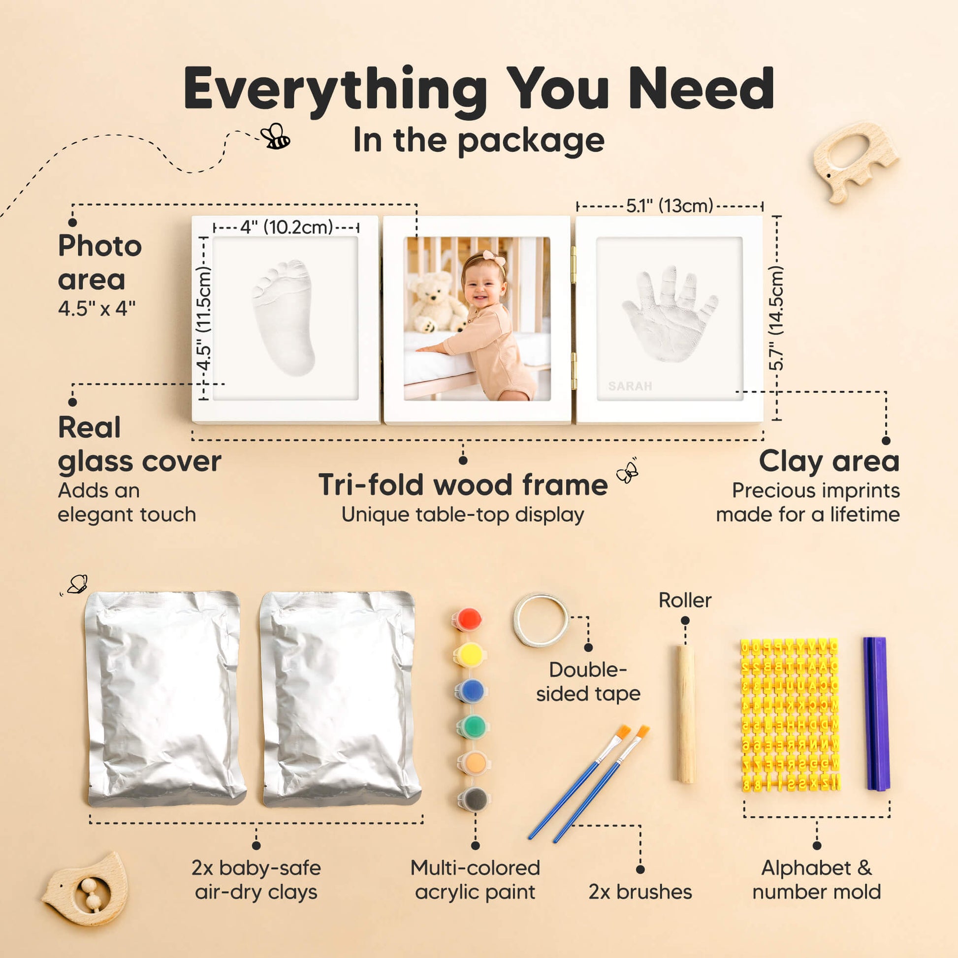 Everything You Need: Photo area 4.5" x 4", Real glass cover, Tri-fold wood frame, Clay area, 2x baby-safe air-dry clays, Multi-colored acrylic paint, 2 brushes, Roller, Alphabet & number molds 28430349566138