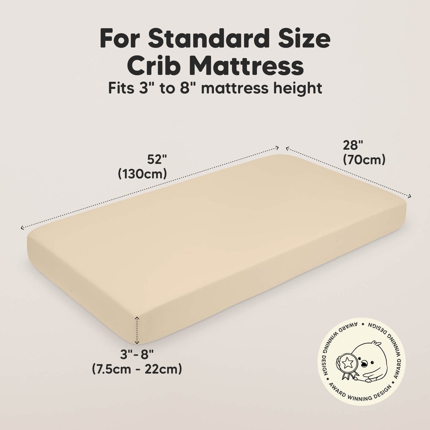 For Standard Size Crib Mattress - Size at 52 inches long, 28 inches wide, and Fits 3" to 8" mattress height 26727290962106