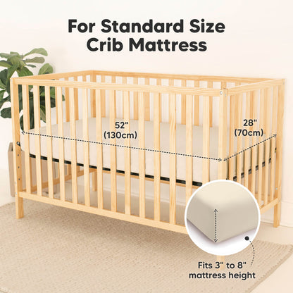 For Standard Size Crib Mattress, sized at 52 inches long, 28 inches wide, and fits 3 to 8 inches of mattress height. 26900995735738