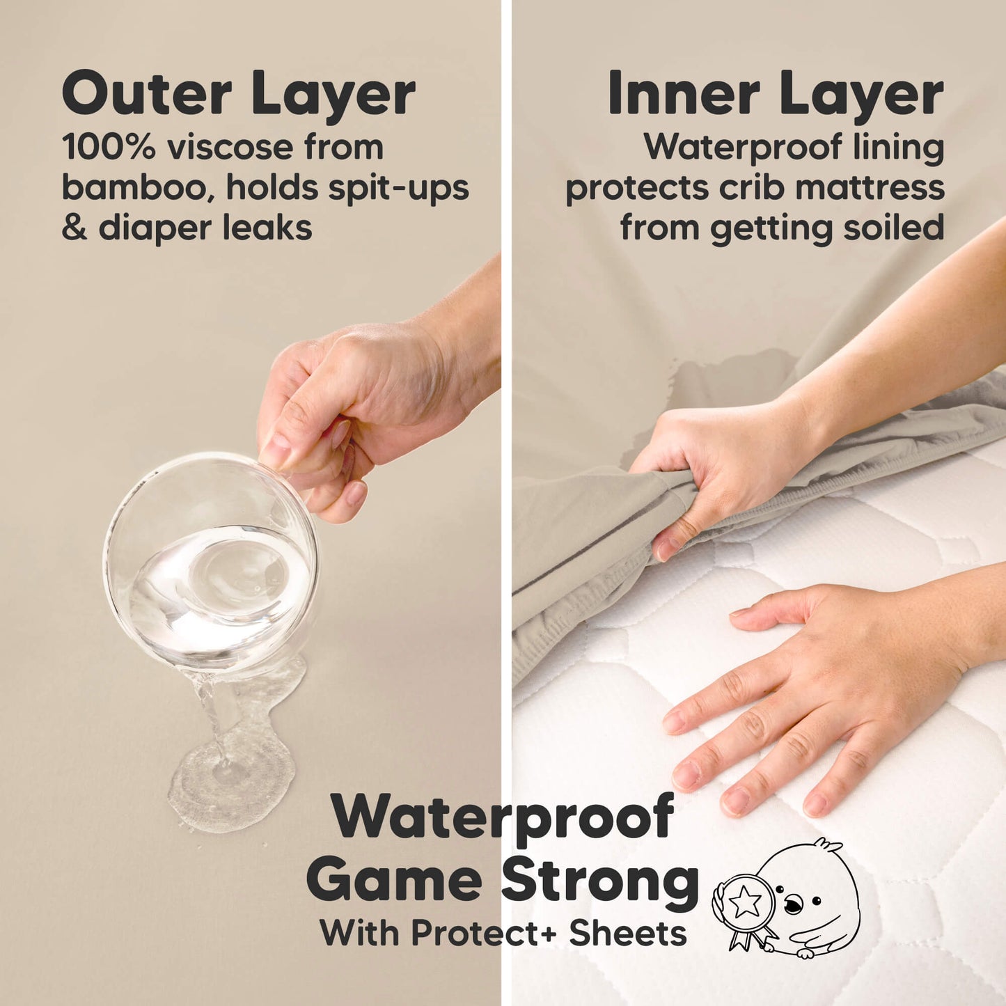 Waterproof Game Strong With Protect+ Sheets - Outer Layer (100% viscose from bamboo, holds spit-ups & diaper leaks) and Inner Layer (Waterproof lining protects crib mattress from getting soiled) 30357241331898