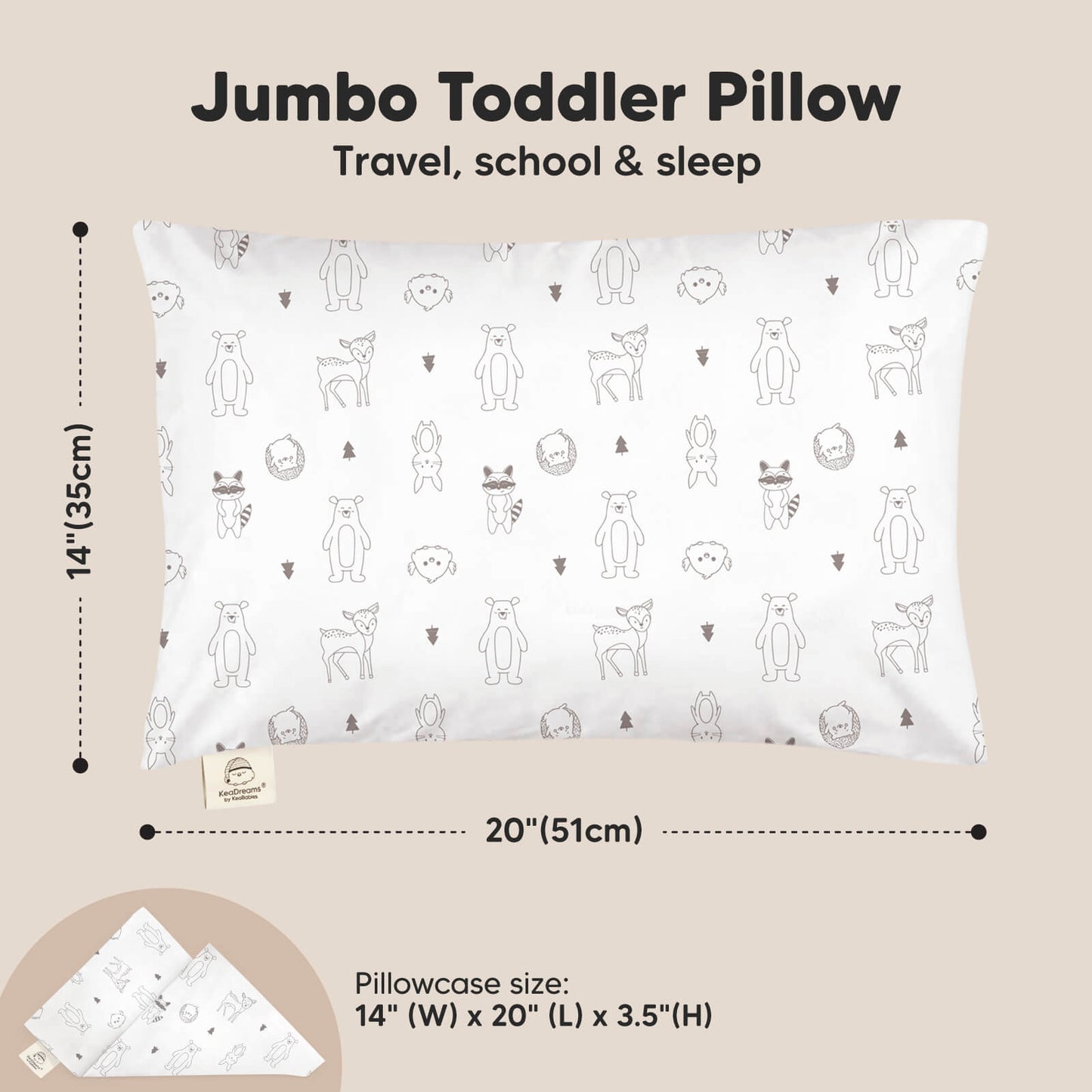 Jumbo Toddler Pillow: Travel, school & sleep, 20" (51cm), Pillowcase size 14" (W) x 20" (L) x 3.5" (H)
 26524482699450