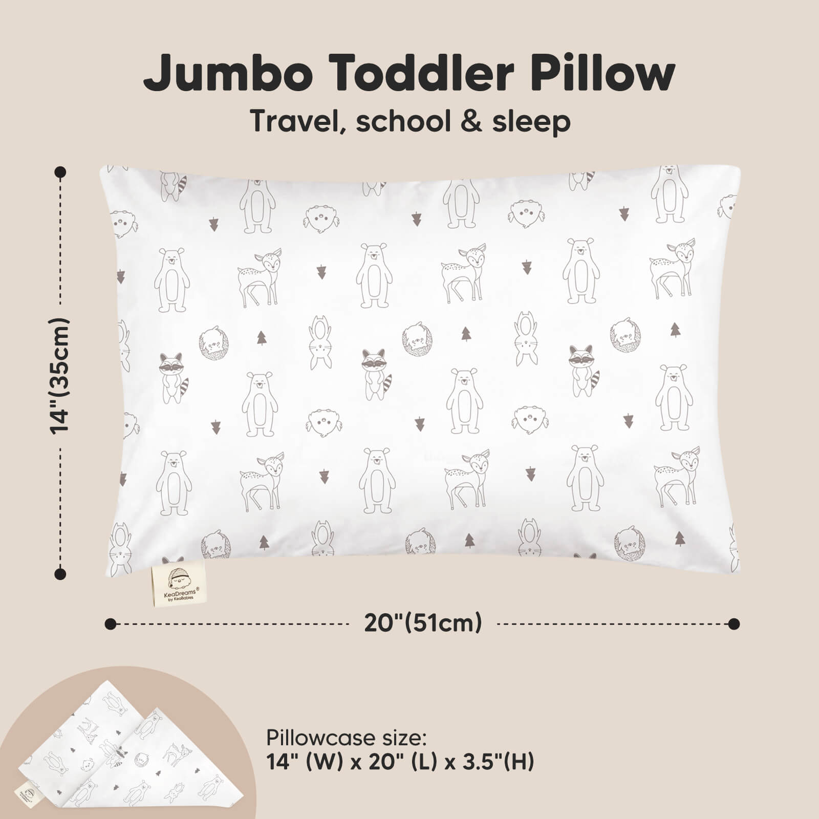Jumbo Toddler Pillow: Travel, school & sleep, 20" (51cm), Pillowcase size 14" (W) x 20" (L) x 3.5" (H)
 26524482699450
