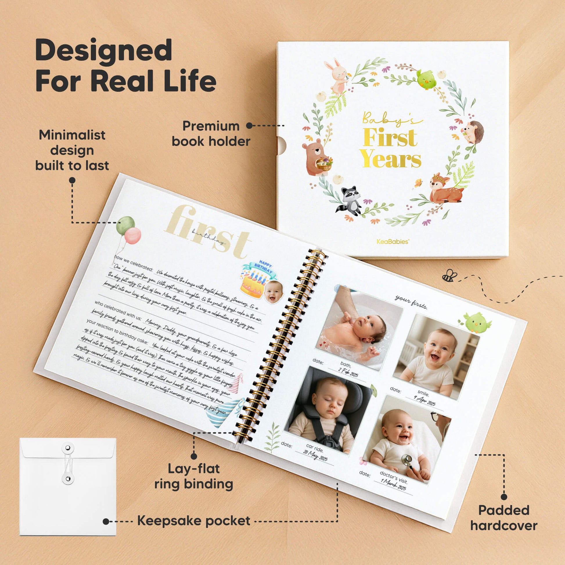 Designed For Real Life

Minimalist design built to last
Premium book holder
Lay-flat ring binding
Keepsake pocket
Padded hardcover 30514240880826