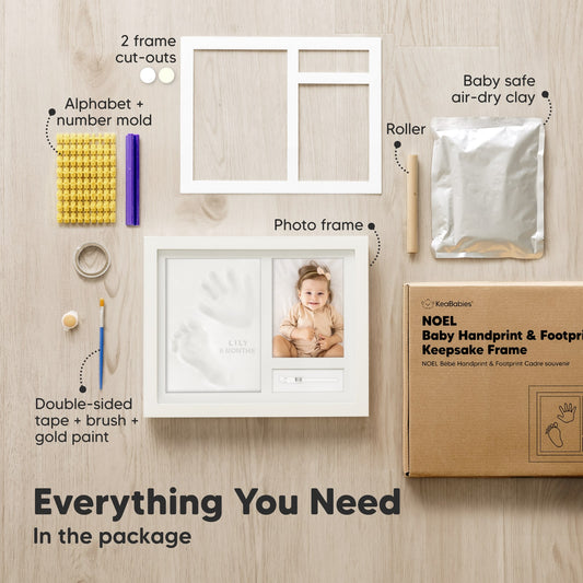 Everything You Need
In the package

2 frames cut-outs
Alphabet number mold
Roller
Baby safe air-dry clay
Photo frame
Double-sided tape + brush + gold paint
-on-hover