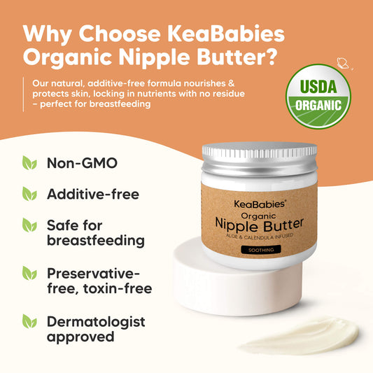 Why Choose KeaBabies Organic Nipple Butter?

Our natural, additive-free formula nourishes & protects skin, locking in nutrients with no residue — perfect for breastfeeding

Non-GMO
Additive-free
Safe for breastfeeding
Preservative-free, toxin-free
Dermatologist approved
-on-hover