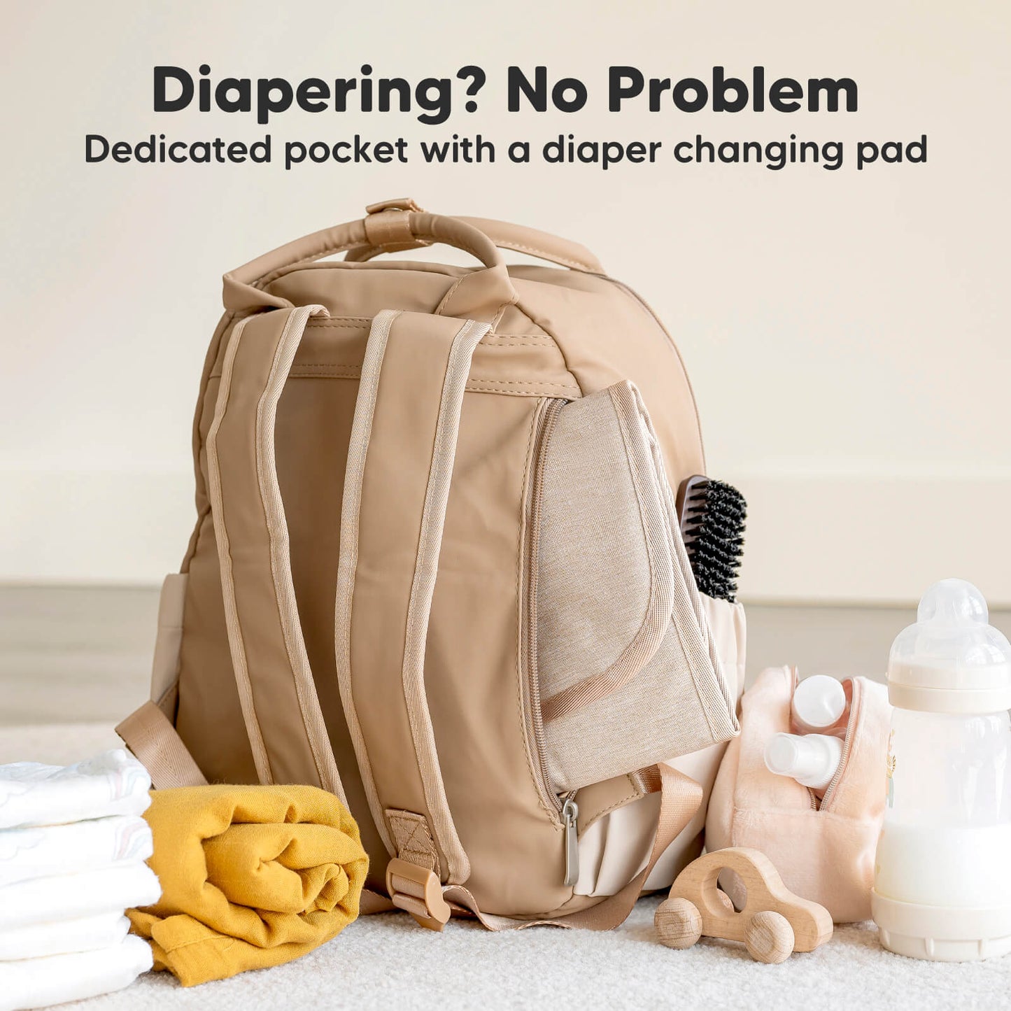 Diapering? No Problem
Dedicated pocket with a diaper changing pad 26006914334906