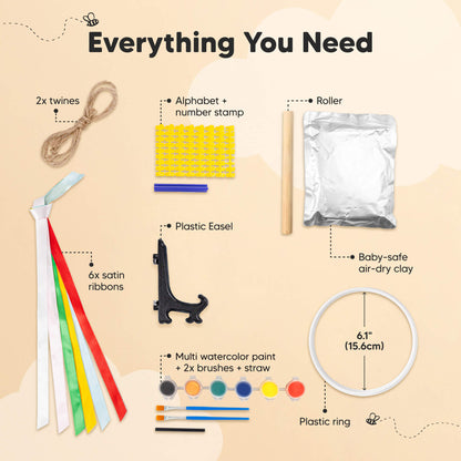 Everything You Need: 2x twines, alphabet + number stamp, roller, baby-safe air-dry clay, plastic easel, 6x satin ribbons, multi watercolor paint + 2x brushes + straw, plastic ring (6.1" / 15.6cm). 30514375917754