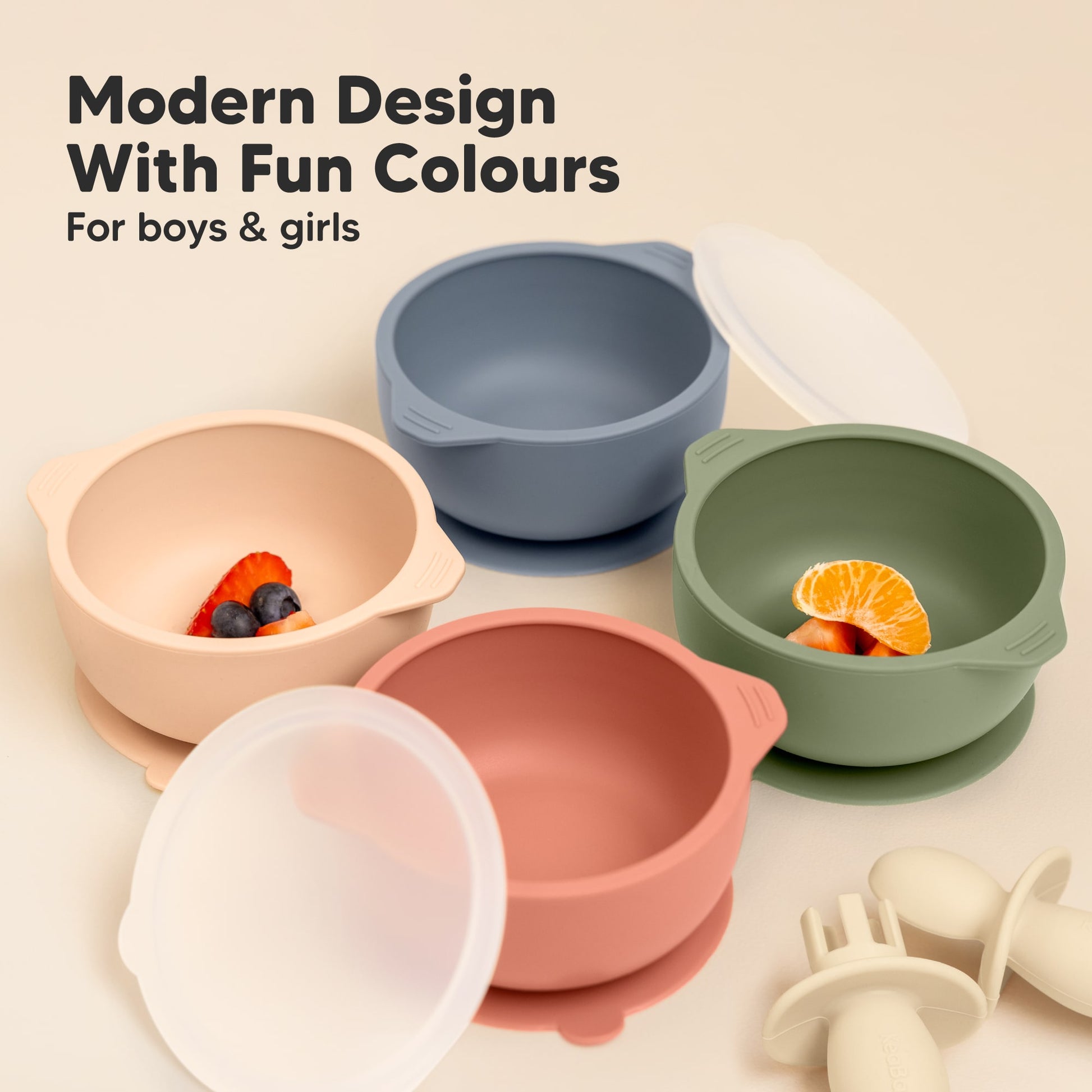 Modern silicone bowls come in fun colors for boys and girls. 27862230335674