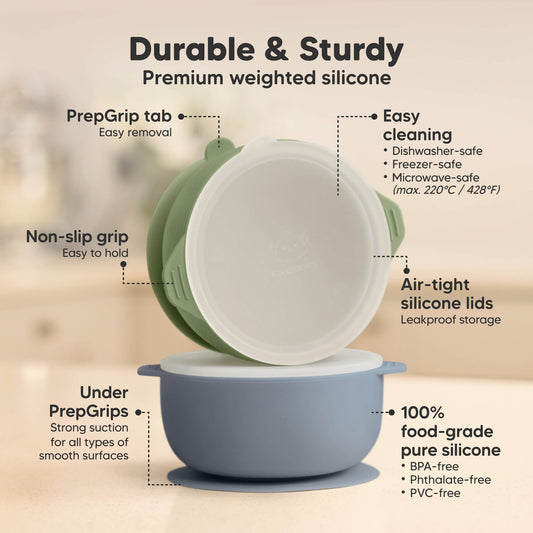 Durable premium weighted silicone bowls with non-slip grip, airtight lids, strong suction bases, and dishwasher-, microwave-, and freezer-safe use.-on-hover