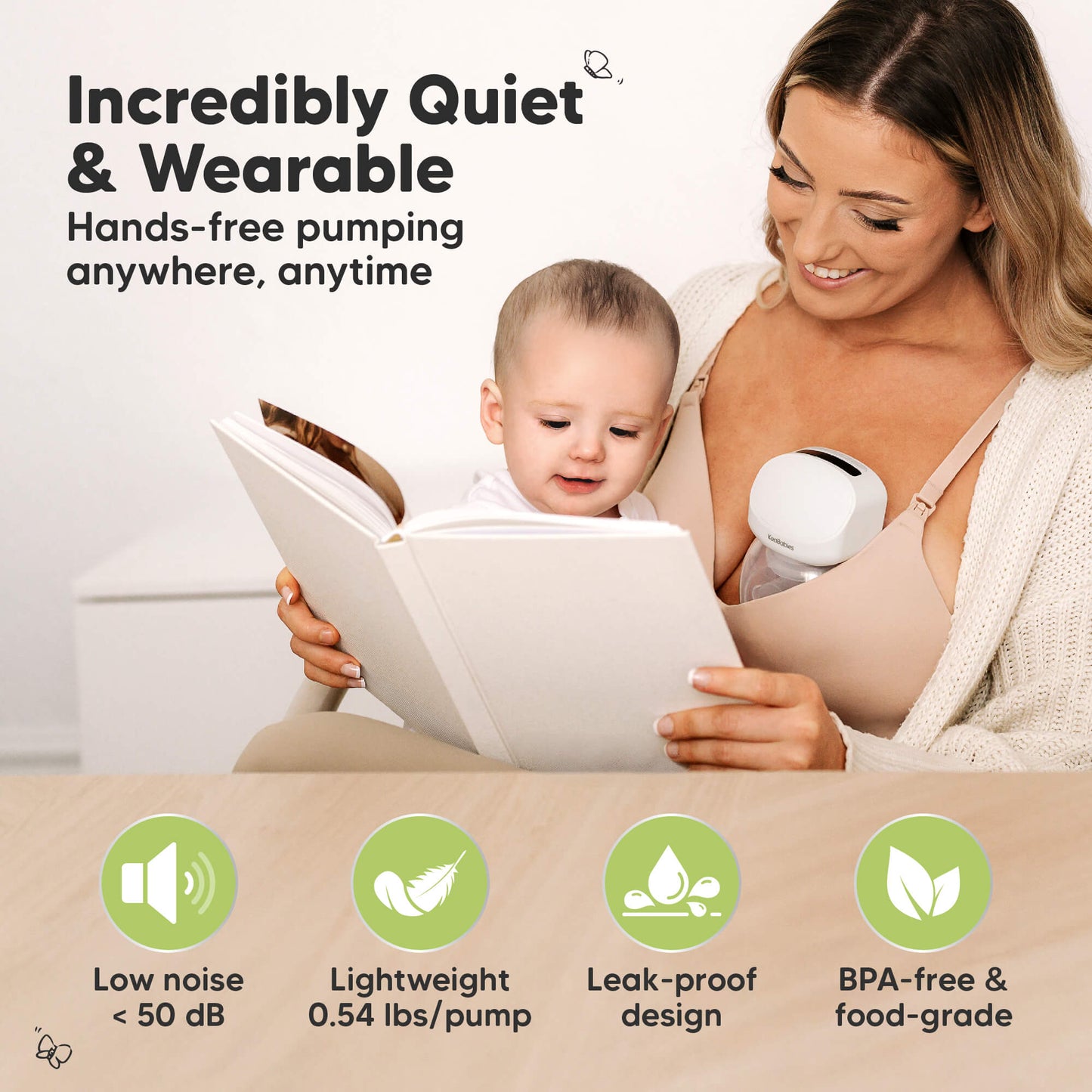 Incredibly Quiet & Wearable, Hands-free pumping anywhere, on the go, Low noise <50 dB, Lightweight 0.54 lbs/pump, Leak-proof design, BPA-free & food-grade. 30224514810042