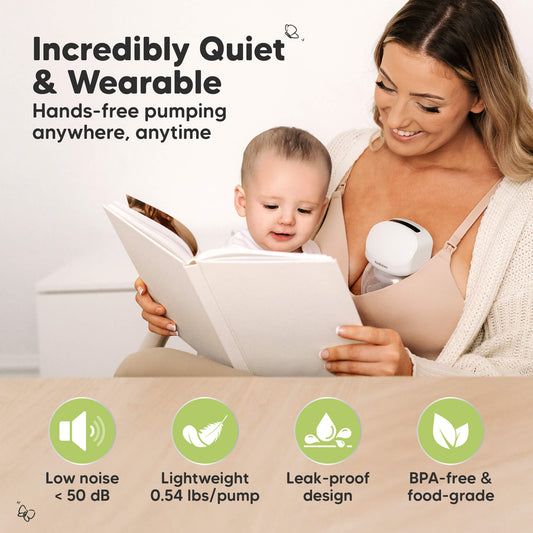 Incredibly Quiet & Wearable, Hands-free pumping anywhere, on the go, Low noise <50 dB, Lightweight 0.54 lbs/pump, Leak-proof design, BPA-free & food-grade.-on-hover