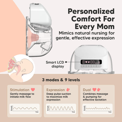 Personalized Comfort Every Mom, Mimics natural nursing for gentle, effective expression, Smart LCD display, 3 modes & 9 levels, Stimulation, Expression, Dual mode. 30224514744506