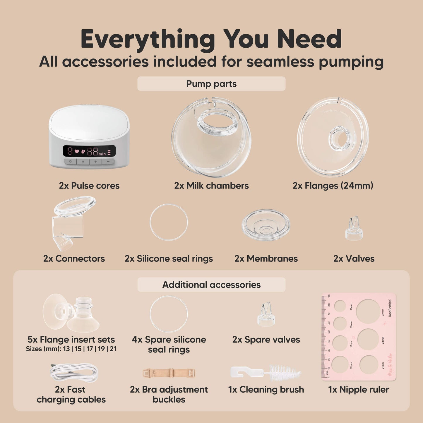 Everything You Need, All accessories included for seamless pumping, 2x Pulse cores, 2x Milk chambers, 2x Flanges (24mm), 2x Connectors, 2x Silicone seal rings, 2x Membranes, 2x Valves, Additional accessories, 6x Flange inserts (13/17/21mm), 4x Spare silicone seal rings, 4x Spare valves, 2x USB charging cables, 2x Bra adjustment buckles, 1x Cleaning brush, 1x Nipple ruler. 30698597646522