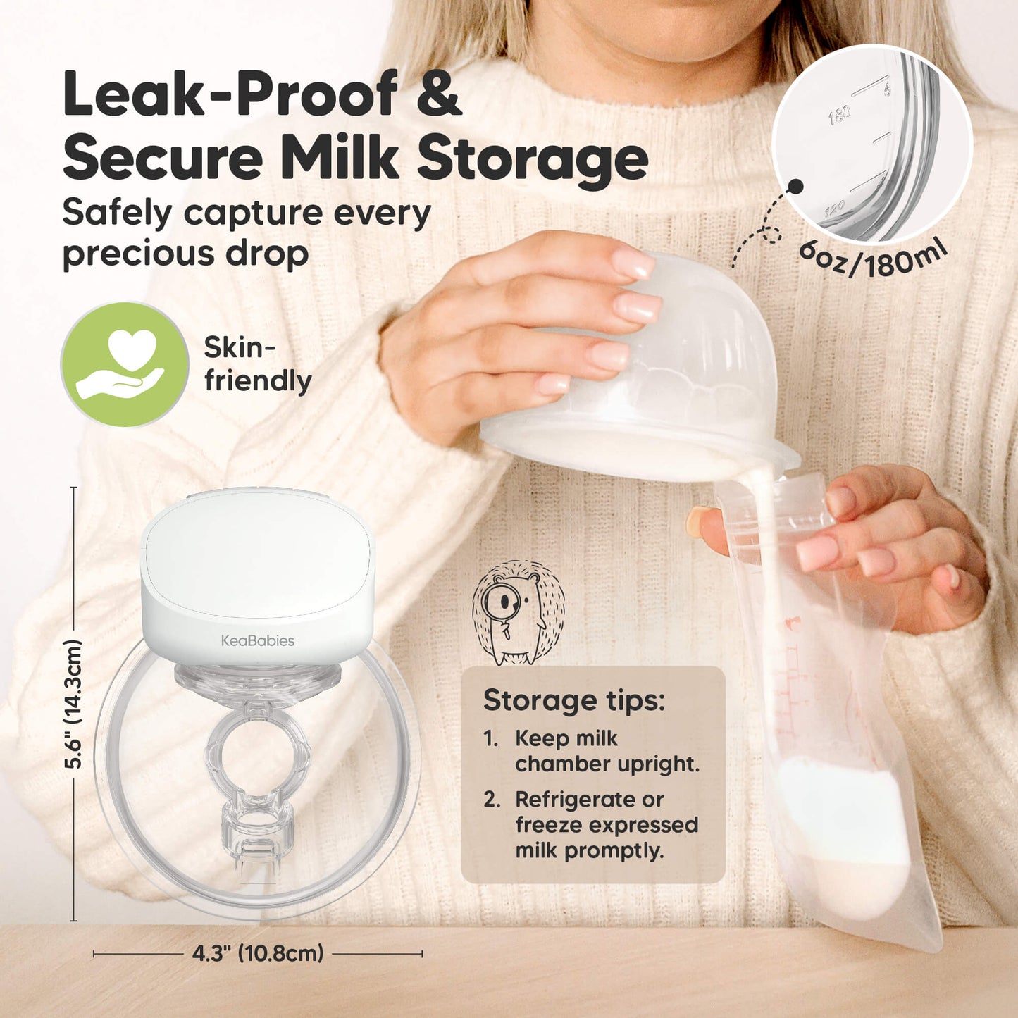 Leak-Proof & Secure Milk Storage, Safely capture every precious drop, Skin-friendly, Storage tips: Keep upright, Refrigerate milk, Clean pump promptly. 30224514875578