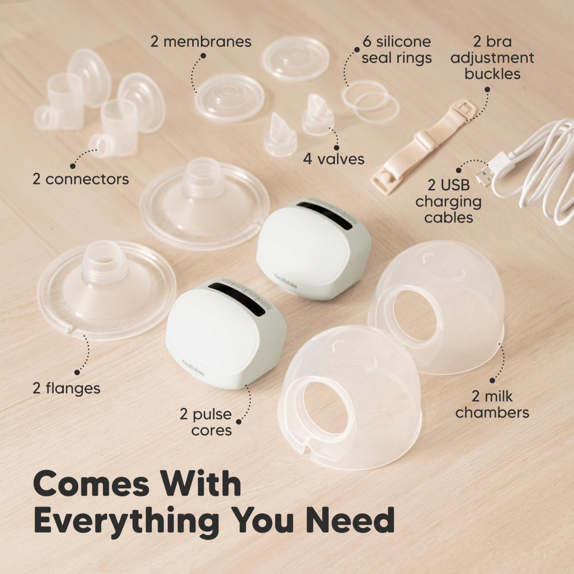 Comes With Everything You Need, 2 membranes, 6 silicone seal rings, 2 bra adjustment buckles, 2 connectors, 4 valves, 2 USB charging cables, 2 flanges, 2 pulse cores, 2 milk chambers. 27675041628346