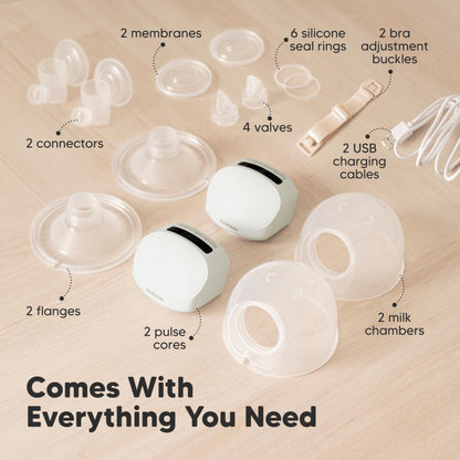Comes With Everything You Need, 2 membranes, 6 silicone seal rings, 2 bra adjustment buckles, 2 connectors, 4 valves, 2 USB charging cables, 2 flanges, 2 pulse cores, 2 milk chambers. 27675041628346