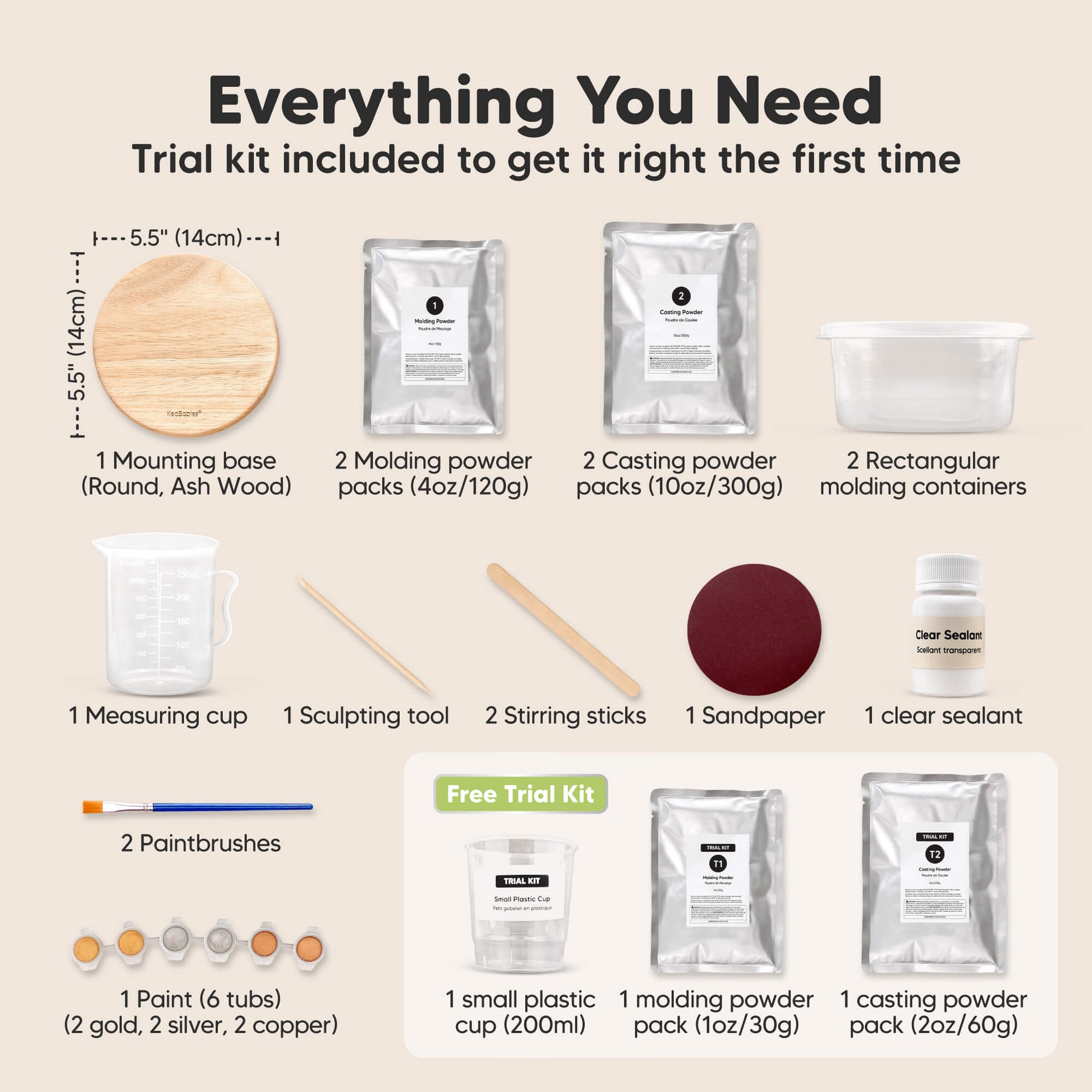 Everything You Need, Trial kit included to get it right the first time:
1x mounting base (round ash wood), 2x molding powder packs, 2x casting powder packs, 2x rectangular mixing containers, 1x measuring cup, 1x sculpting tool, 2x stirring sticks, 1x sandpaper, 1x clear sealant, 1x paintbrushes, 2x paints (gold, silver, copper)

Free Trial Kit Included:
1 small plastic cup (200ml), 1 molding powder pack (1oz / 30g), 1 casting powder pack (2oz / 60g).

 30078833164474
