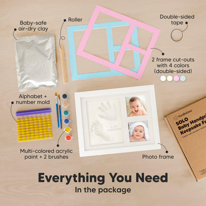 Everything You Need in the package: baby-safe air-dry clay, roller, double-sided tape, 2 frame cut-outs with 4 colors (double-sided), alphabet + number mold, multi-colored acrylic paint + 2 brushes, and photo frame
 26501847744698