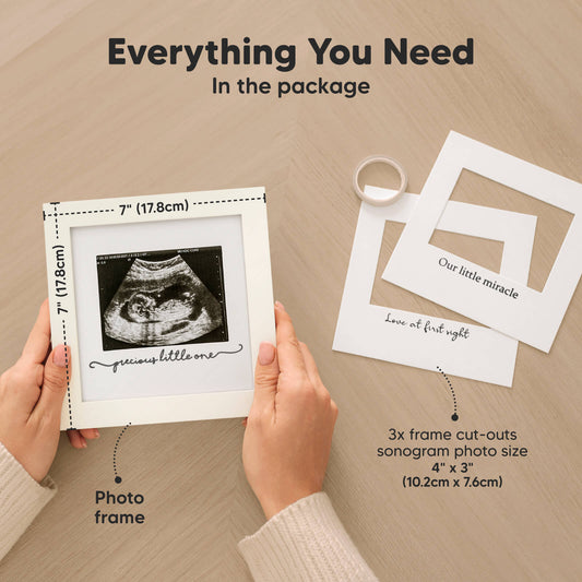 Everything You Need, in the package: 7" x 7" photo frame, 3x frame cut-outs, fits sonogram photo size 4" x 3" (10.2cm x 7.6cm).
-on-hover