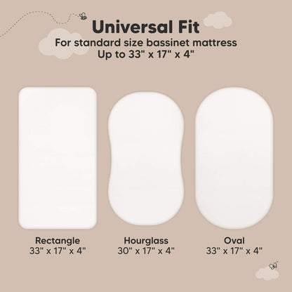 Universal fit bassinet protector designed for standard sizes up to 33 × 17 × 4 inches in rectangle, hourglass, and oval shapes.
 29739074650298
