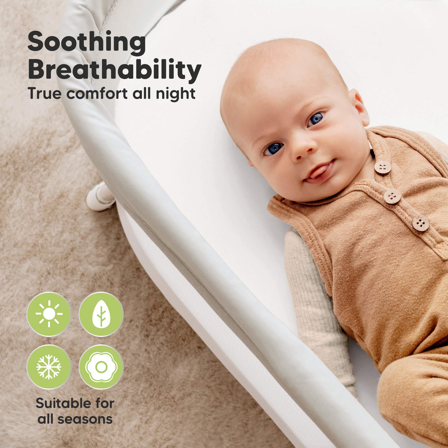 Soothing breathability bassinet protector provides all-night comfort and is suitable for all seasons.
 29739074683066