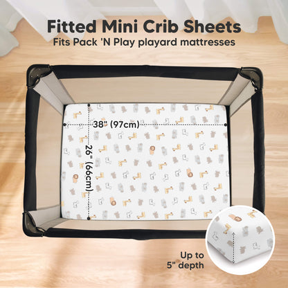 Fitted mini crib sheets sized 38 × 26 inches with up to 5-inch depth, designed to fit Pack ’N Play playard mattresses.
 30111035883706