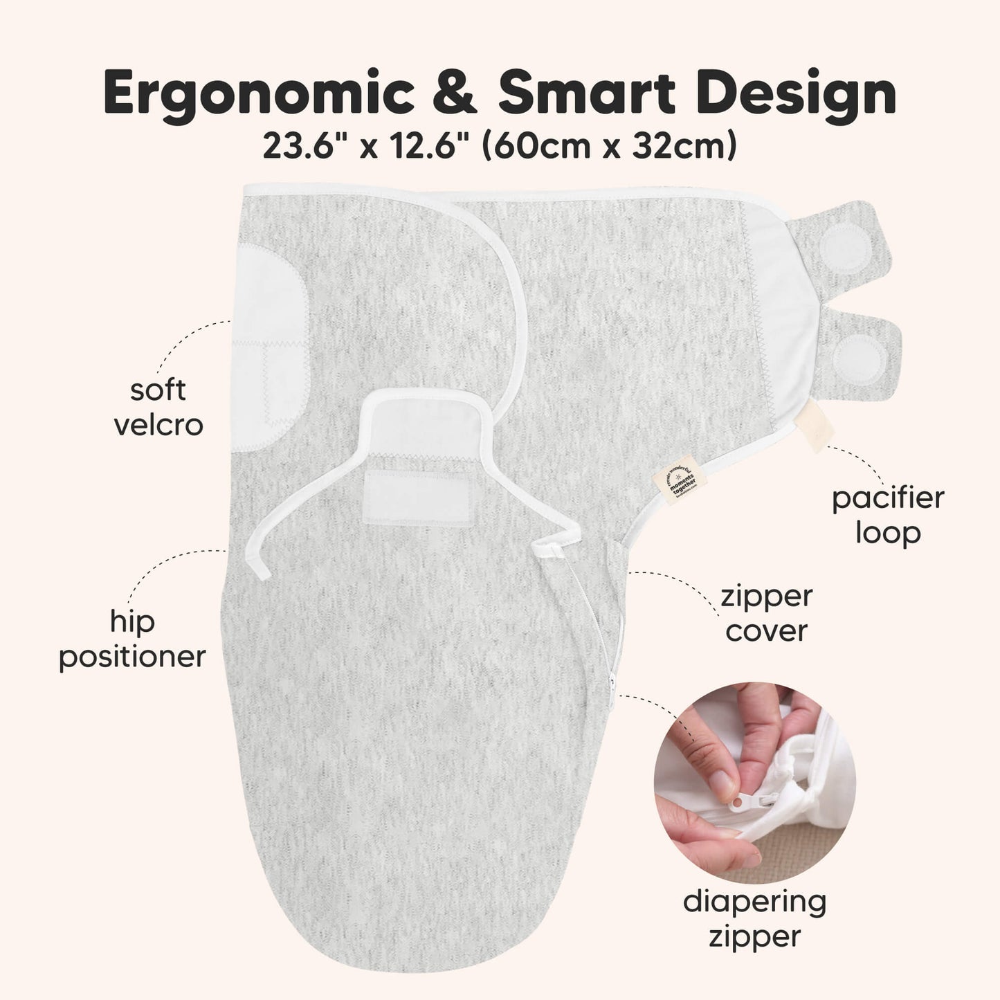 Ergonomic & Smart Design, 23.6" x 12.6" (60cm x 32cm). With soft velcro, hip positioner, pacifier loop, zipper cover, diapering zipper 32130178285754