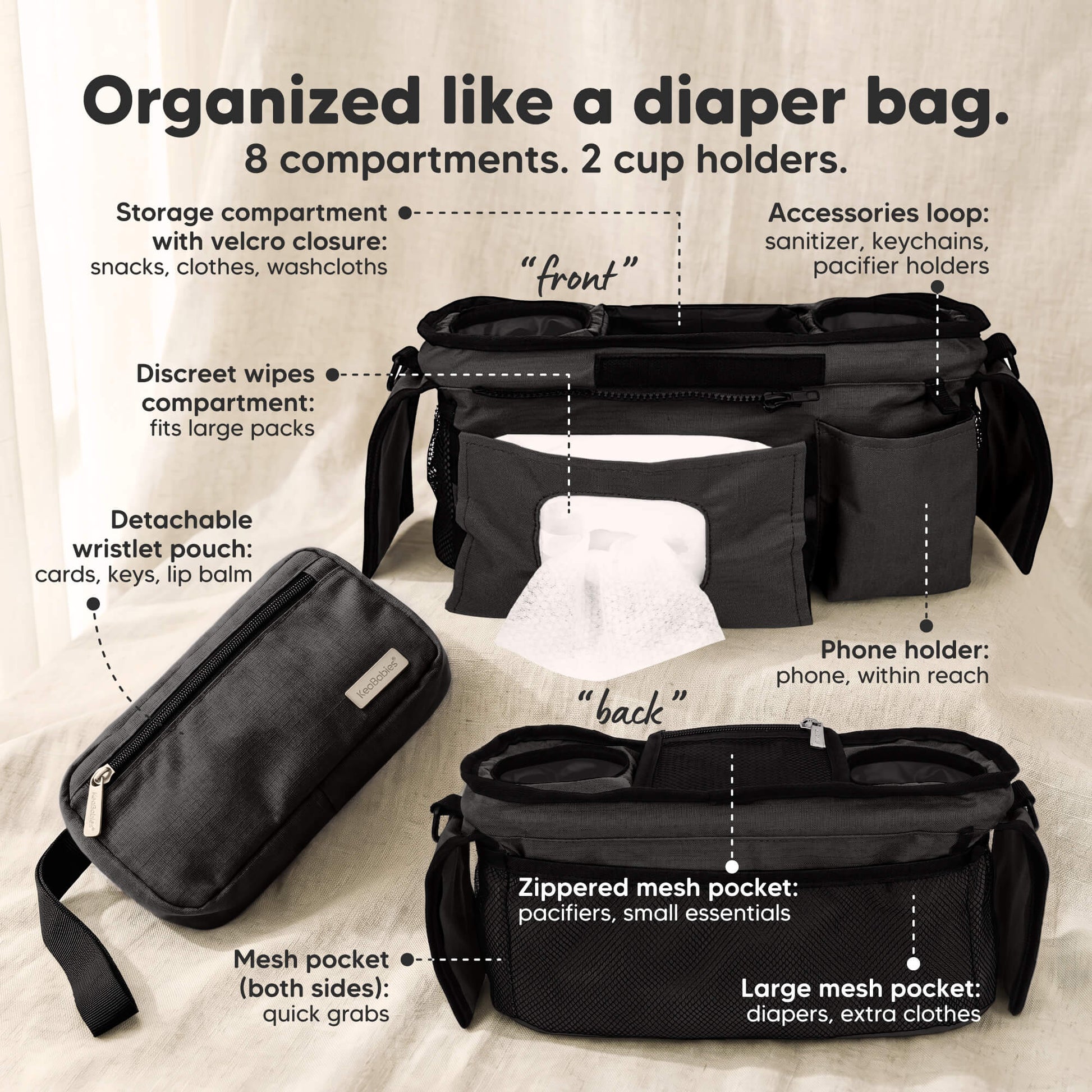 Organized like a diaper bag (8 compartments. 2 cup holders) - Storage compartment with velcro closure, Accessories loop, Phone holder, Discreet wipes, Detachable wristlet pouch, Mesh pocket (both sides), Zippered mesh pocket, and Large mesh pocket. 33058575024314